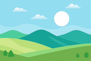 Illustration of rolling hills under a bright sun sky