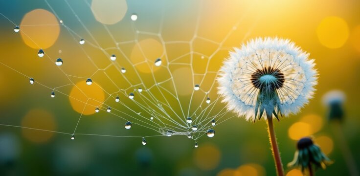 Dewdrops on a dandelion seed head with golden bokeh background