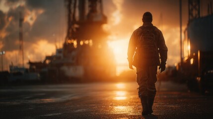 oil worker in uniform walking near rig site at sunrise, dramatic silhouette and realism