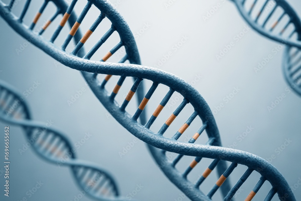 Poster close-up of dna double helix strands in blue tones on a light background symbolizing genetic researc