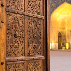 Ornate, intricately carved wooden door panels display a rich, warm brown hue, showcasing detailed floral patterns in a historical setting.