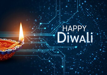 Happy Diwali greeting card design with traditional glowing diya on futuristic digital technology blue background representing festival of lights modern celebration and cultural innovation