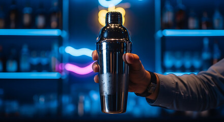 Bartender Mixing Cocktail In Bar With Neon Lights Background, Close Up