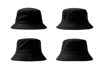 Four views of a black bucket hat.  Flat, dark, and matte finish.  Front, back, and two angled side views of the same hat