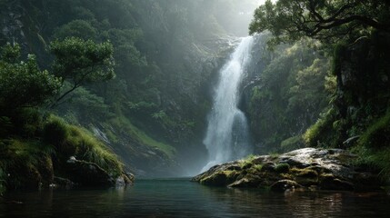 scenic waterfall surrounded by lush forest, natural light and peaceful mood