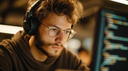 software student writing code during online course, headphones on