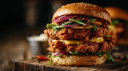 stacked spicy fried chicken burger on wooden table, delicious layers and sauce