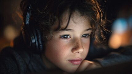student learning coding with headphones, computer screen glowing