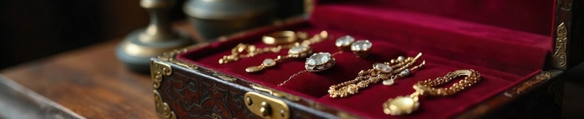Elegant Vintage Jewelry in Antique Velvet Box Silver Bracelet, Gems, Aristocratic Old World Charm