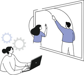 Teamwork collaboration vector illustration of women and man working together on a project white background