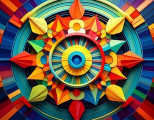 interconnected gears made of geometric shapes in primary colors arranged in a radial pattern