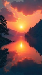 Serene sunrise over a tranquil lake, reflecting the spiritual energy of nature Perfect for meditation, mindfulness, and yoga themes , lake, energy, solitude