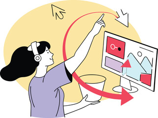 Woman interacting with digital interface vector illustration for web design and development white background