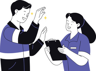 Man handing keys to woman with clipboard vector illustration scalable eps icon white background