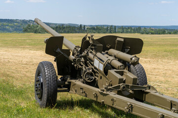 Old soviet divisional 85-mm calibre D44 field artillery gun on open grassland