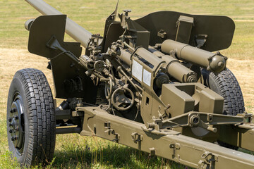 Old soviet divisional 85-mm calibre D44 field artillery gun on open grassland