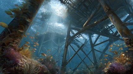 underwater view of anchored oil platform legs surrounded by marine life, engineering meets ecology