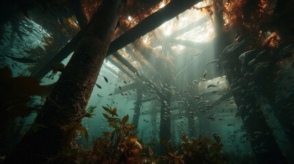 underwater view of anchored oil platform legs surrounded by marine life, engineering meets ecology