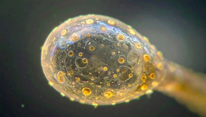 Close-up view of an organic structure exhibiting intricate patterns and golden details, highlighting minute bubbles.