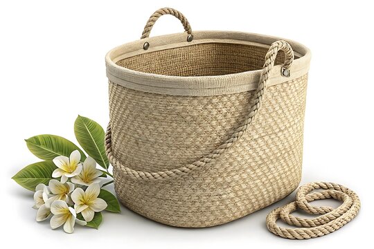 Woven seagrass basket with tropical flowers and rope detail