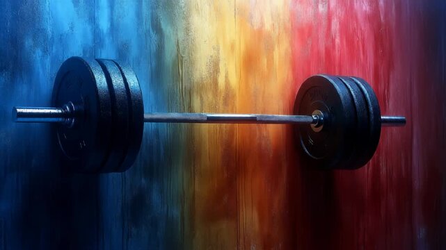 A close-up of a barbell resting against a vibrant, multicolored wall, showcasing strength