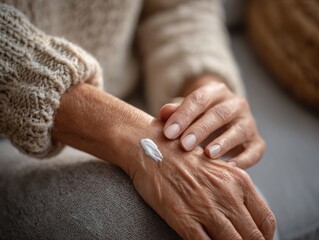 Fototapeta premium Elderly woman hand with cream on skin
