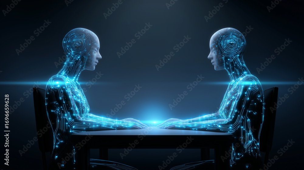 Aufkleber two digital human figures sitting at a table, glowing with data streams, symbolizing virtual communi