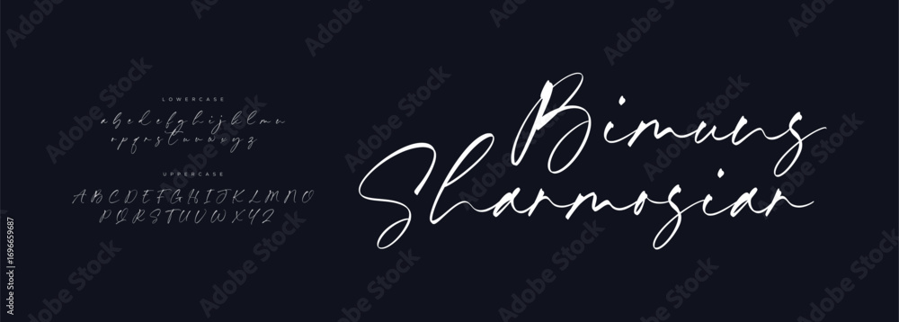 Fototapete bimaues sharmosiar signature font uppercase lowercase and number. script font calligraphy logotype e