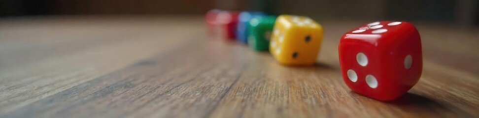 Close-up shot of several colorful dice rolling across a wooden surface, capturing the motion blur and random outcome of the roll ,  game piece,  six-sided,  dots