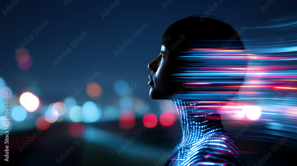 Aufkleber futuristic portrait of a person with glowing data streams around the head, symbolizing artificial in