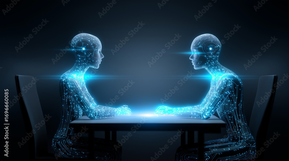 Aufkleber two digital human figures sitting at a table, glowing with data streams, symbolizing virtual communi