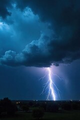 Dramatic dark clouds fill the sky, heavy rain pouring down as a powerful thunderstorm rages Lightning flashes in the distance, illuminating the stormy scene , energy, atmospheric pressure