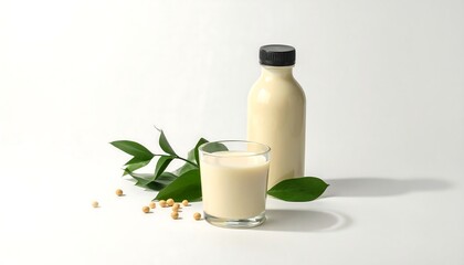 Studio shot of soy milk in a glass and bottle, showcasing a sustainable vegan lifestyle against a clean white background, with soft natural lighting and a creamy