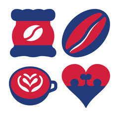 Coffee bean bag latte art heart puzzle icons red blue vector