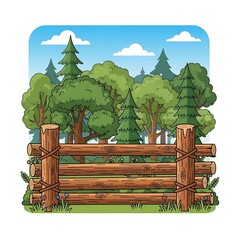 Cartoon Illustration of Forest Scene with Wooden Fence and Blue Skies