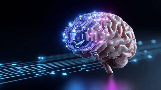 Digital rendering of a brain with glowing circuits, symbolizing artificial intelligence, data, and neural networks.  
