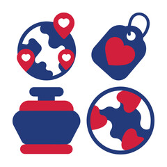 Four blue red graphic icons including globes hearts a bottle location