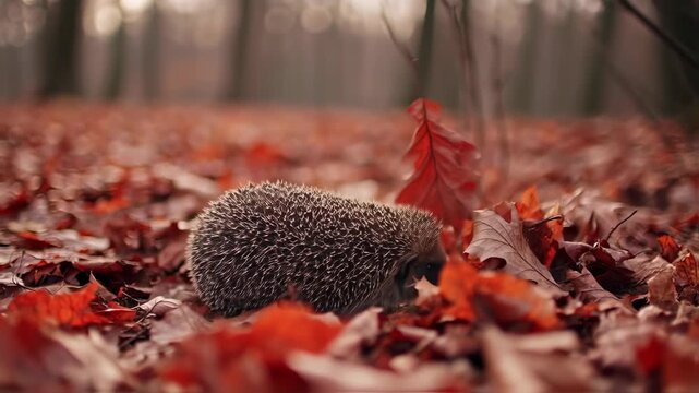Gentle hedgehog rests among vibrant autumn leaves in serene forest setting