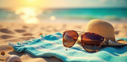 Golden hour sunlight bathes a beach towel and sunglasses, perfect for a relaxing summer day Seashells and a beach bag add to the idyllic scene , paradise, bright