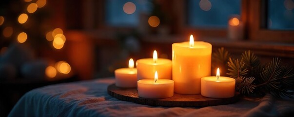 Cozy scene of flickering candlelight illuminating a warm, inviting space Perfect for home decor, relaxation, and winter themes The gentle glow creates a peaceful atmosphere , peaceful, romantic
