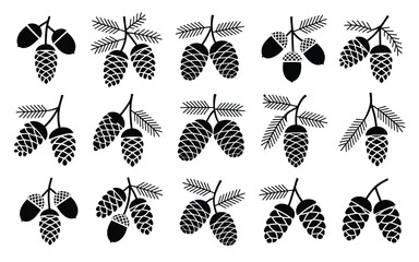Vector art of set of fifteen black silhouette pine cones and acorns on branches collection of different shapes and sizes of forest elements for decoration