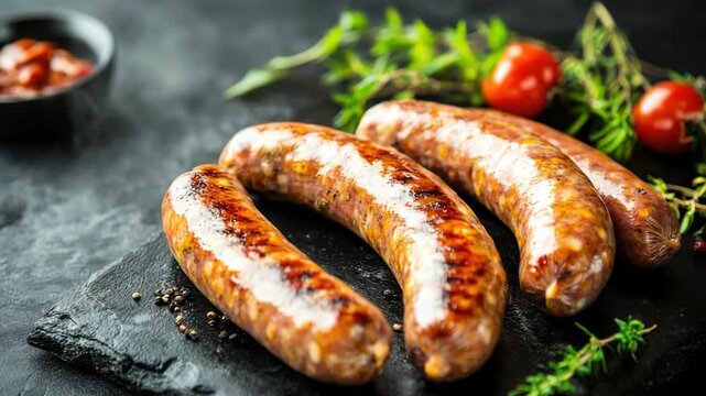 Grilled sausages on slate with herbs and tomatoes