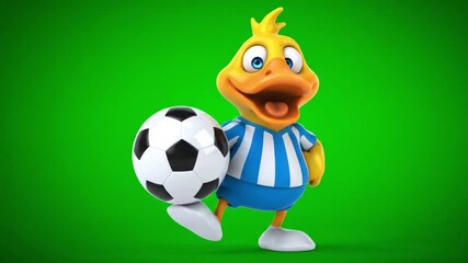 A cheerful yellow duck cartoon character in a blue and white striped shirt holding a soccer ball against a vibrant green background illustration