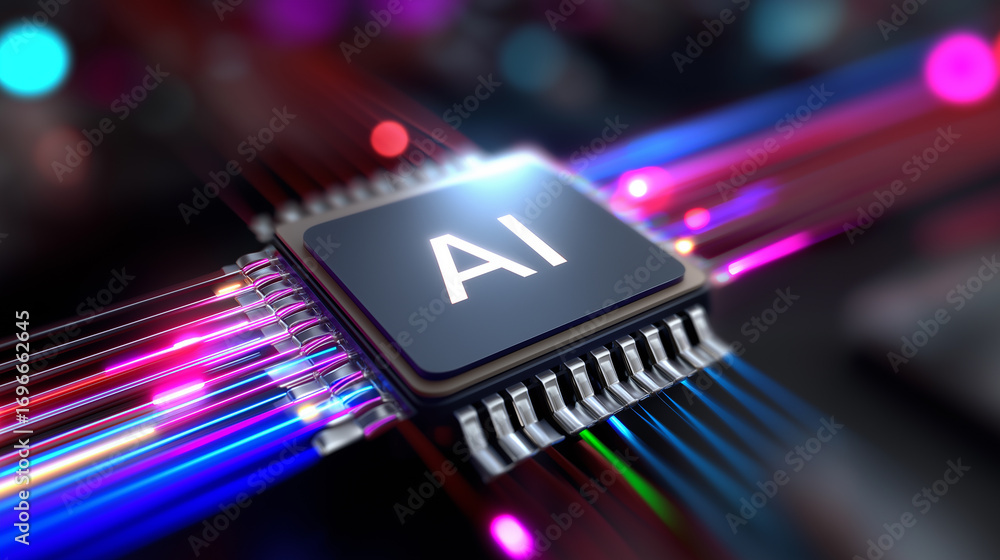 Aufkleber close-up of an ai microchip with glowing data lines, symbolizing artificial intelligence and advance