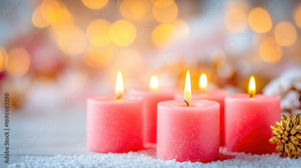 Poster soft pink candles flicker warmly on a table with bokeh lights in the background