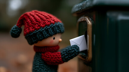 A charming handcrafted doll in a red and green knitted outfit drops a white envelope into a vintage green mailbox, capturing a whimsical moment.