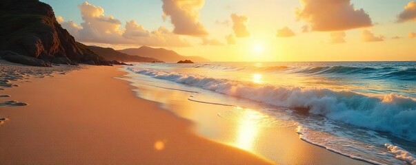 Golden hour sunlight bathes a tranquil seashore scene Gentle waves lap the sandy shore, creating a serene summer landscape perfect for relaxation and escape , sky, vista