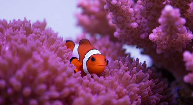 Pez payaso anaranjado se esconde suavemente entre corales rosados iluminados sutilmente. AI Generated