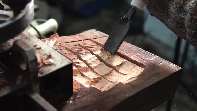 Focused shot of chisel creating grooves in wood, emphasizing control, depth, and fine detailing in the carving process.