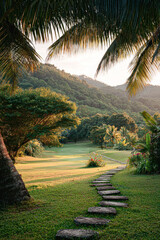 A serene landscape featuring a stone pathway meandering through lush greenery and palm trees, framed by distant mountains under a warm sky.